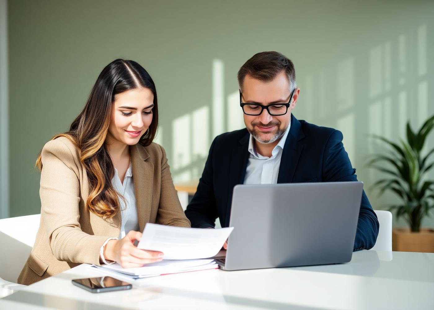 Dos profesionales revisando documentación en una oficina luminosa