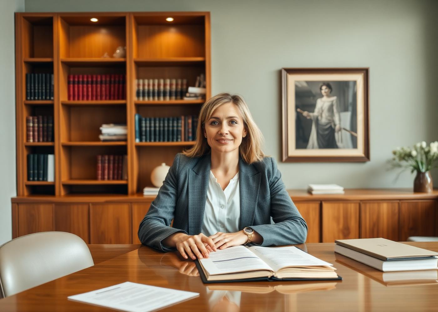 Profesional en un despacho elegante con documentación sobre la mesa