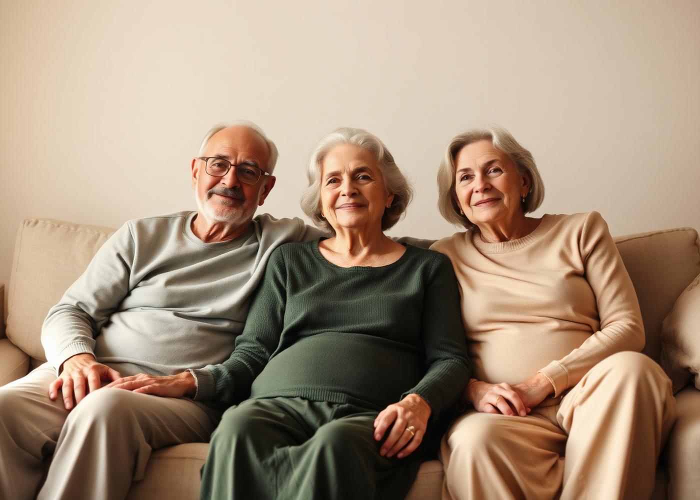 Tres personas mayores acompañadas, sentadas juntas con serenidad